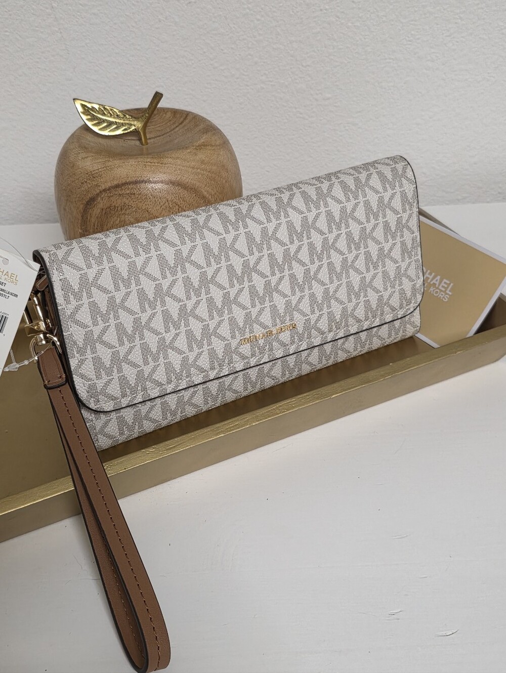 Michael Kors Cream Beige MK Logo Wristlet Clutch with Brown Strap